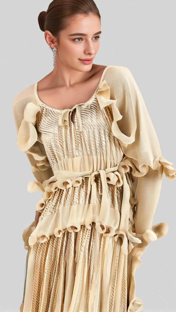 ELLIE NEUTRALS GILDED RUFFLED MIDI DRESS