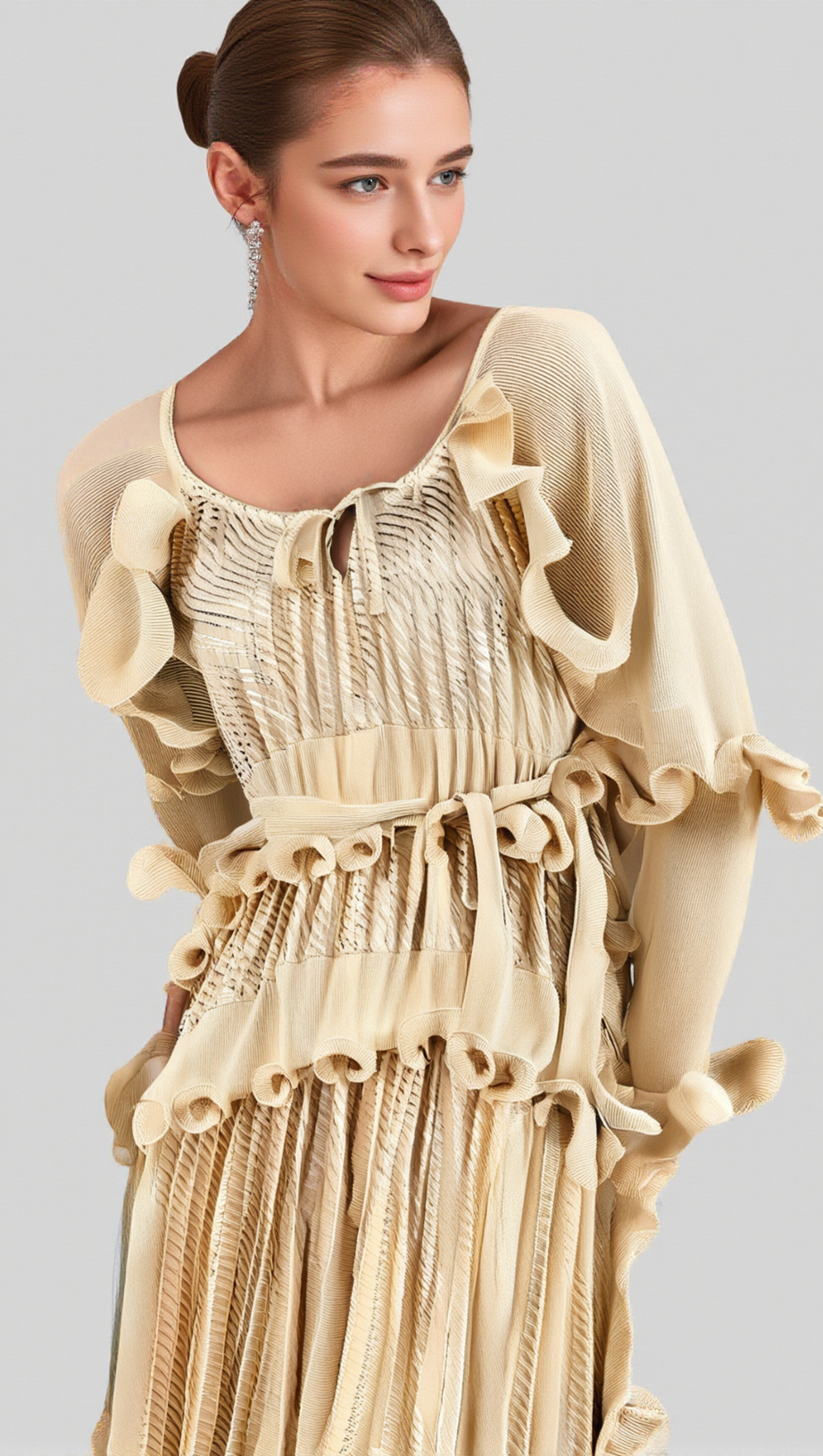 ELLIE NEUTRALS GILDED RUFFLED MIDI DRESS