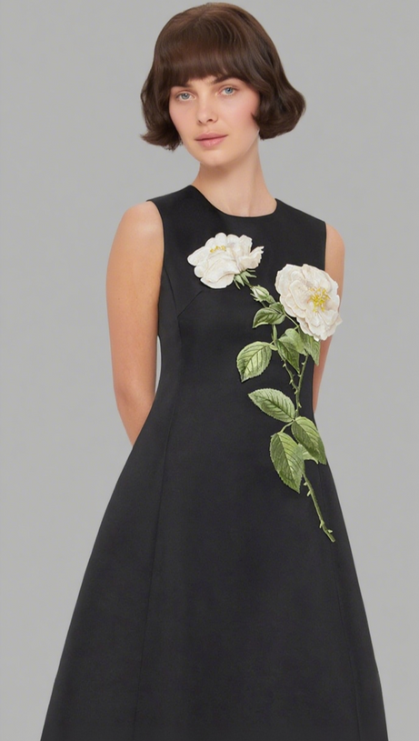 KATE FLORAL PRINT EMBELLISHED SLEEVELESS MIDI DRESS IN BLACK