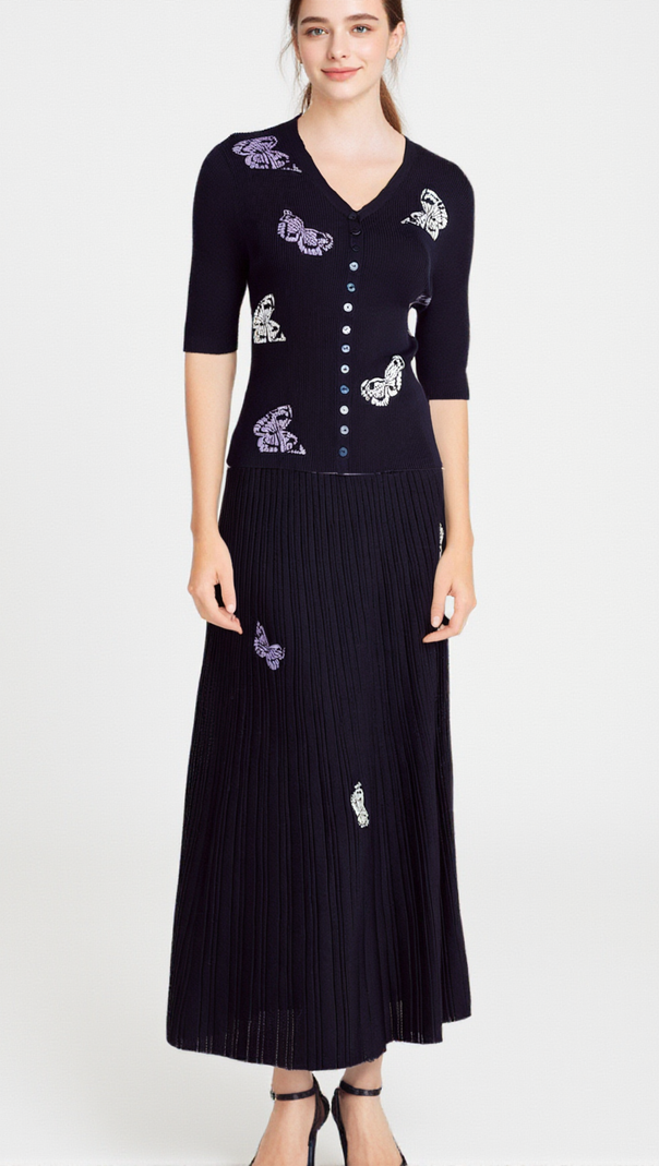 AIIZIE DELPHINE BUTTERFLY RIBBED-KNIT TOP & SKIRT MATCHING SET - product image