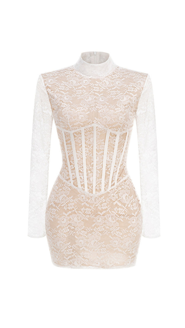AIIZIE LACE JACQUARD FISHBONE BODYCON MINI DRESS IN WHITE - product image