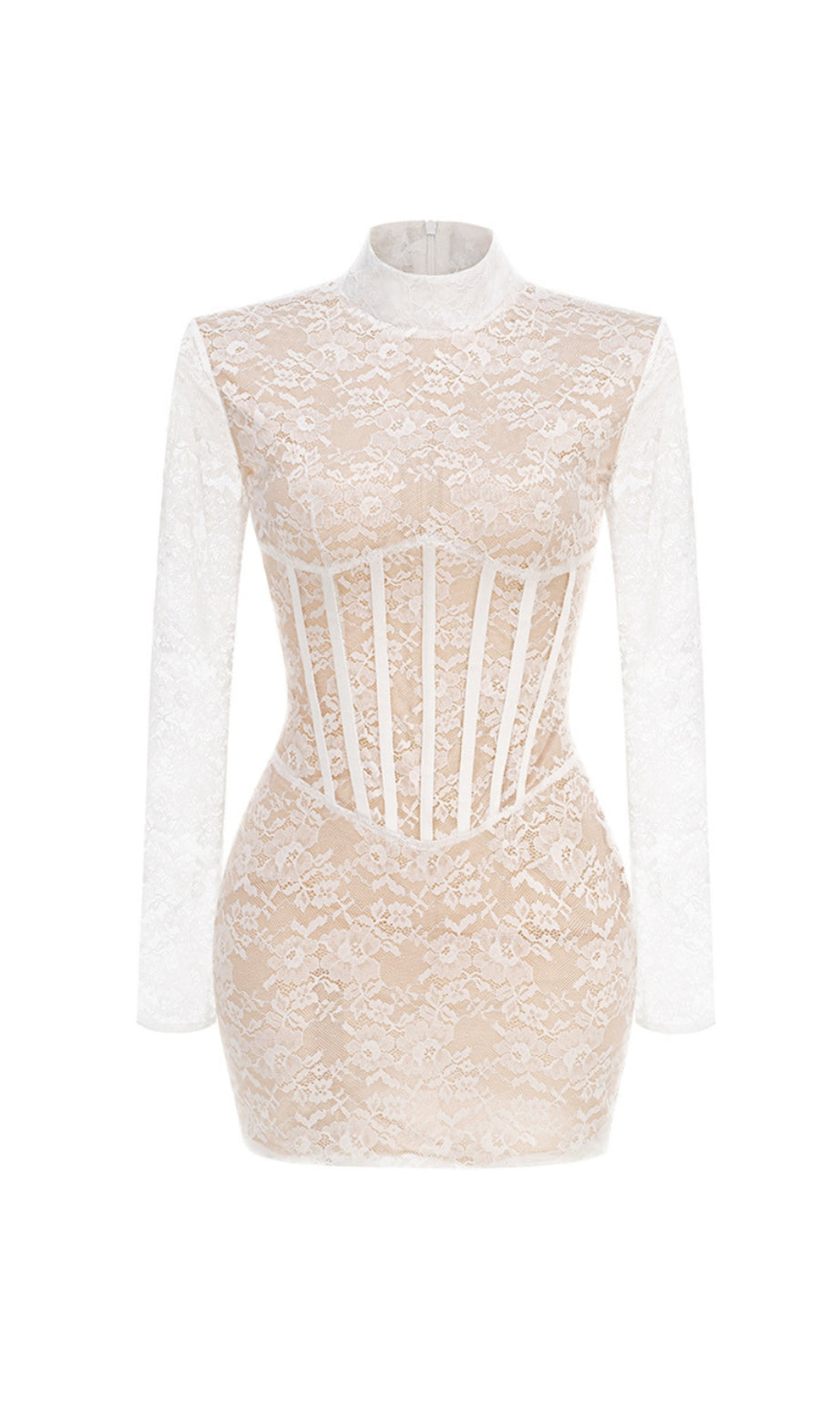 Bodycon-Minikleid aus Spitzenjacquard mit Fischgrätenmuster in Weiß