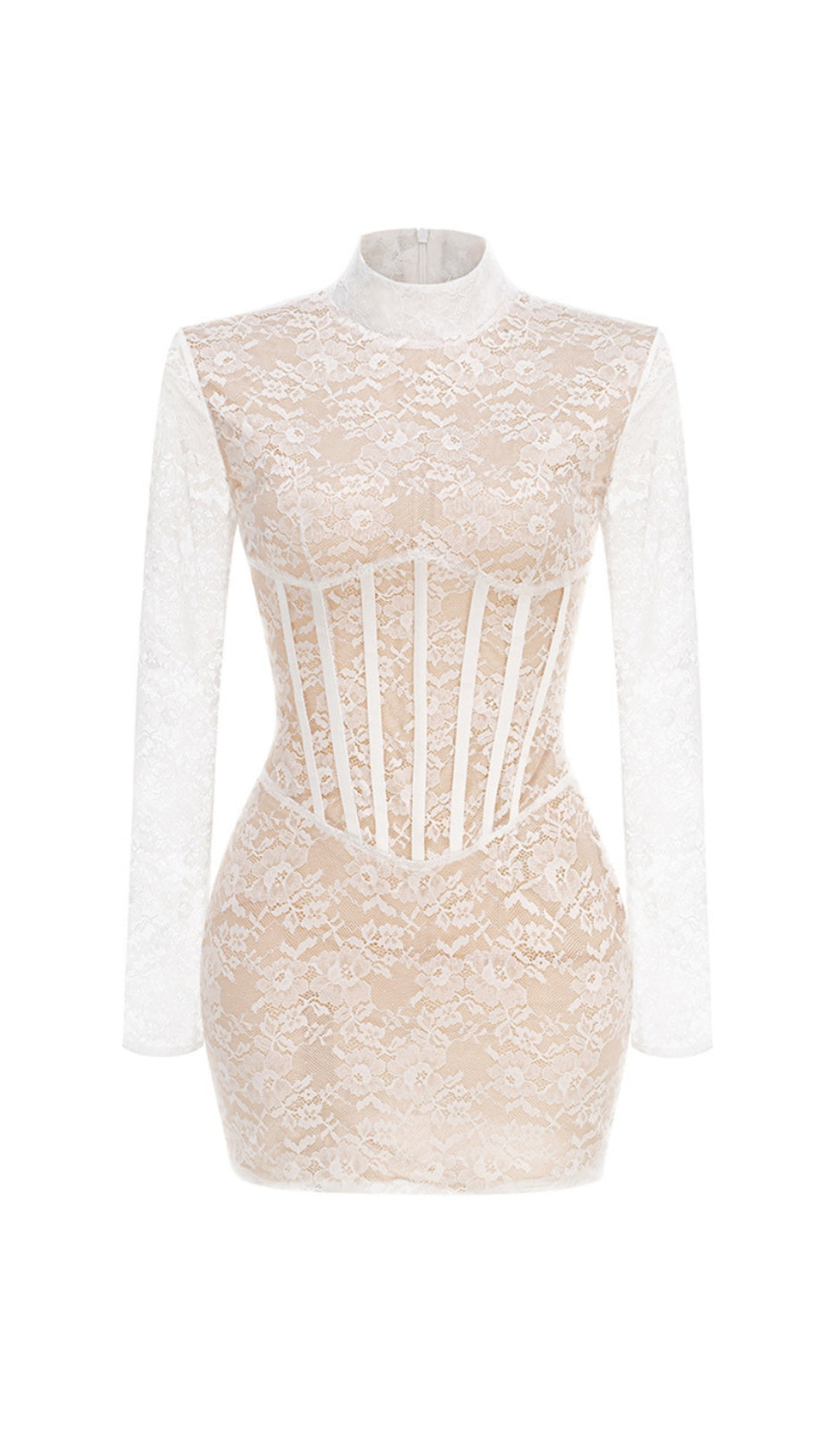 LACE JACQUARD FISHBONE BODYCON MINI DRESS IN WHITE