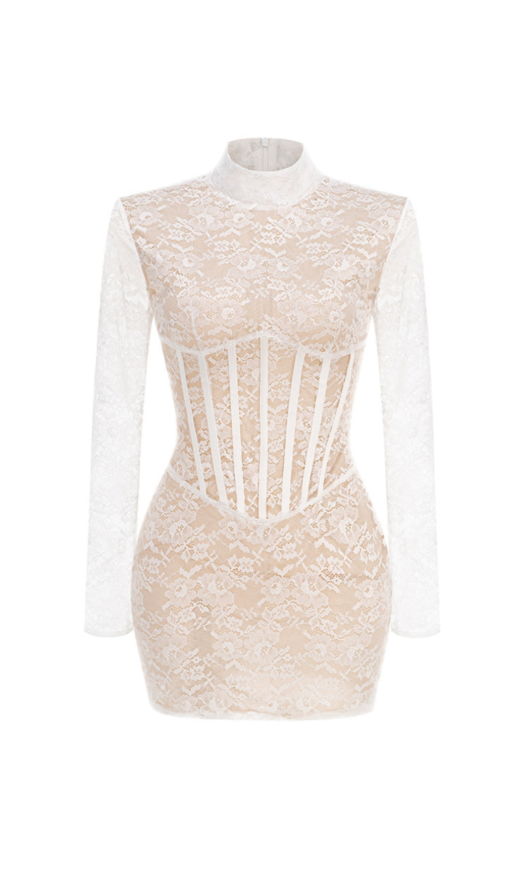 LACE JACQUARD FISHBONE BODYCON MINI DRESS IN WHITE
