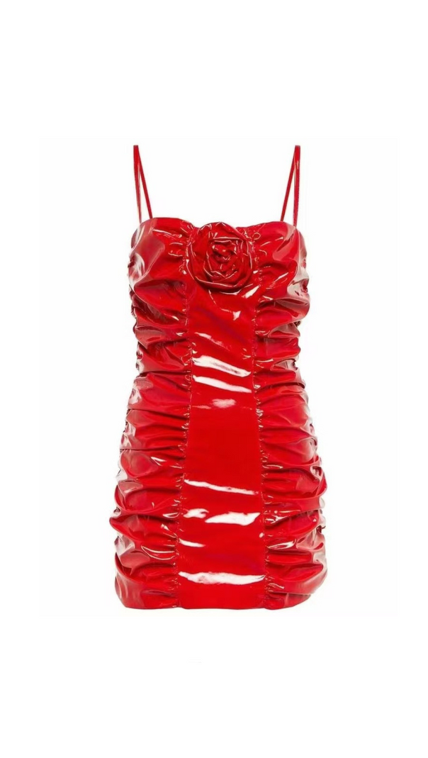 AIIZIE SHINY PLEATED 3D FLOWER MINI DRESS IN RED - product image
