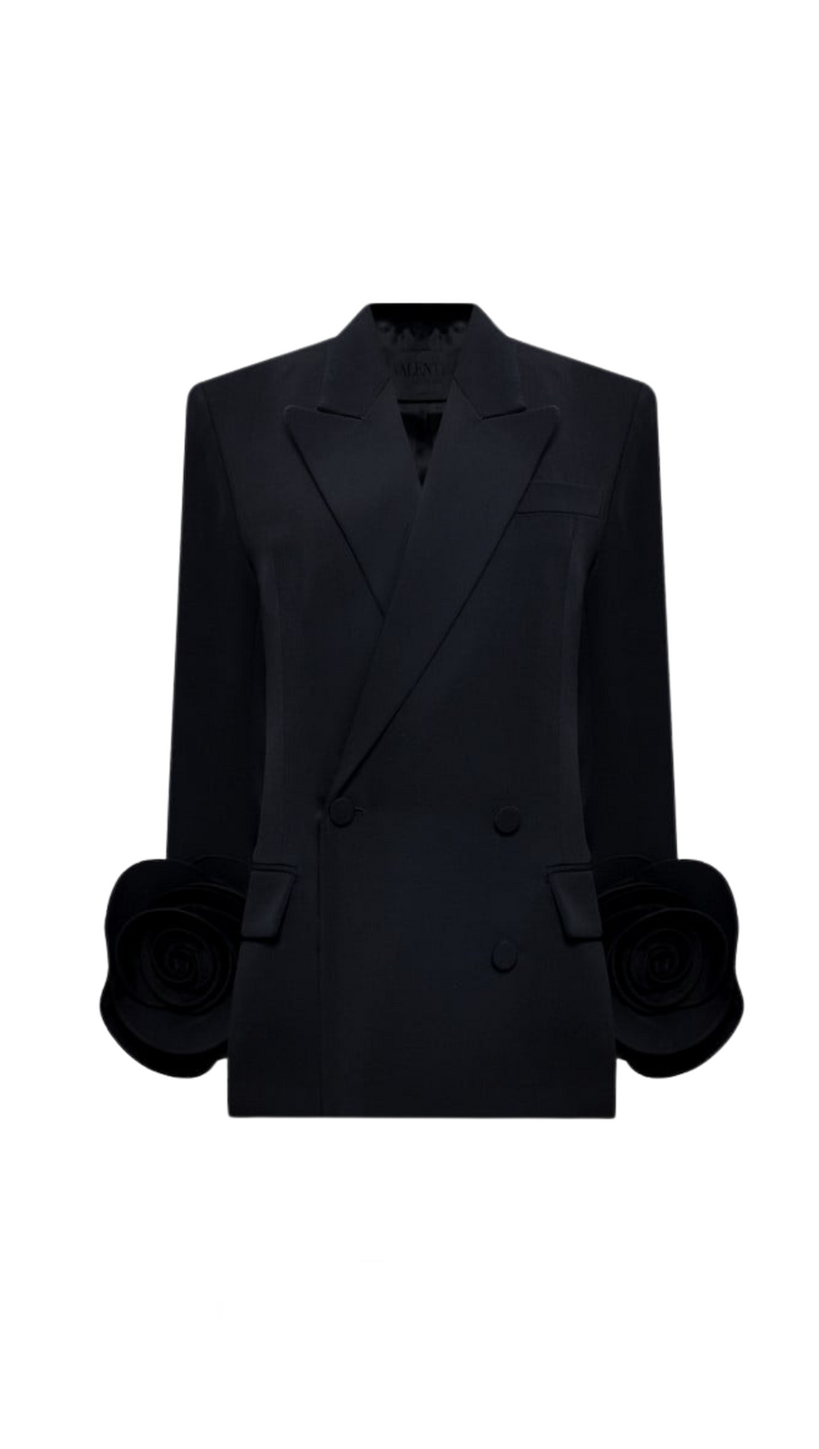BELLA BLACK DOUBLE-BREASTED WOOL JACKET WITH FLORAL APPLIQUÉ