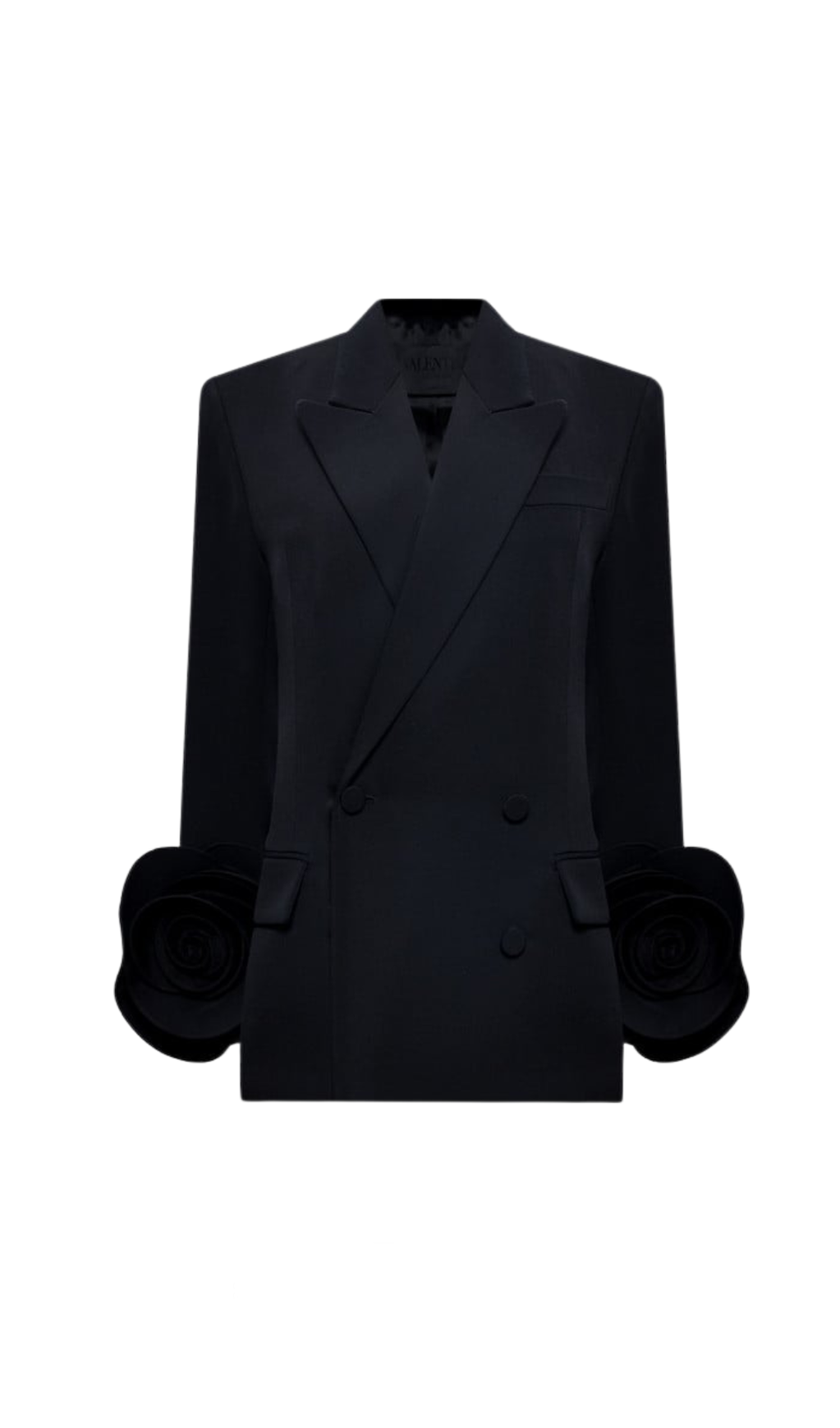 BELLA BLACK DOUBLE-BREASTED WOOL JACKET WITH FLORAL APPLIQUÉ