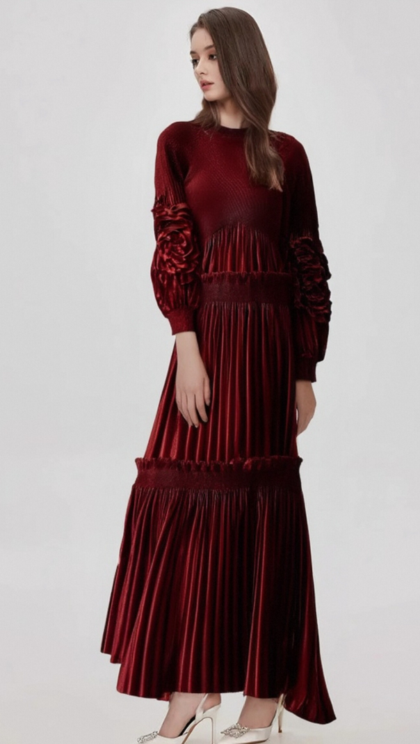AIIZIE DONNA RED FLORAL-APPLIQUÉ PLEATED VELVET MIDI DRESS - product image