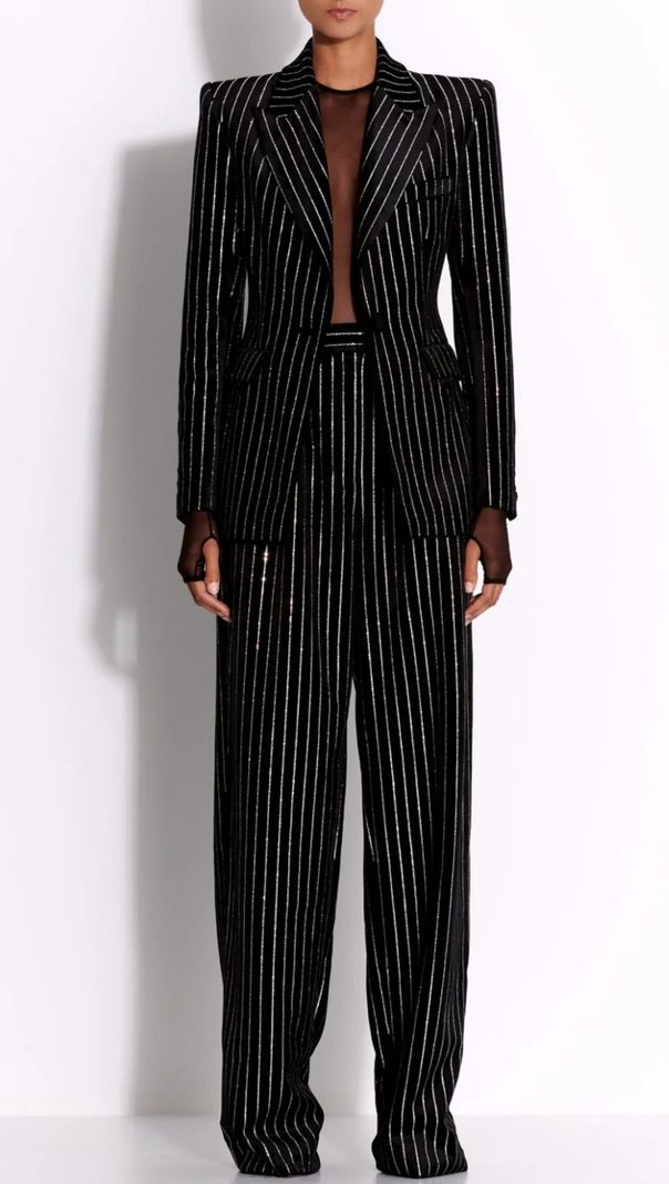 AIIZIE ALLY CRYSTAL PINSTRIPE BLAZER SET IN BLACK - product image