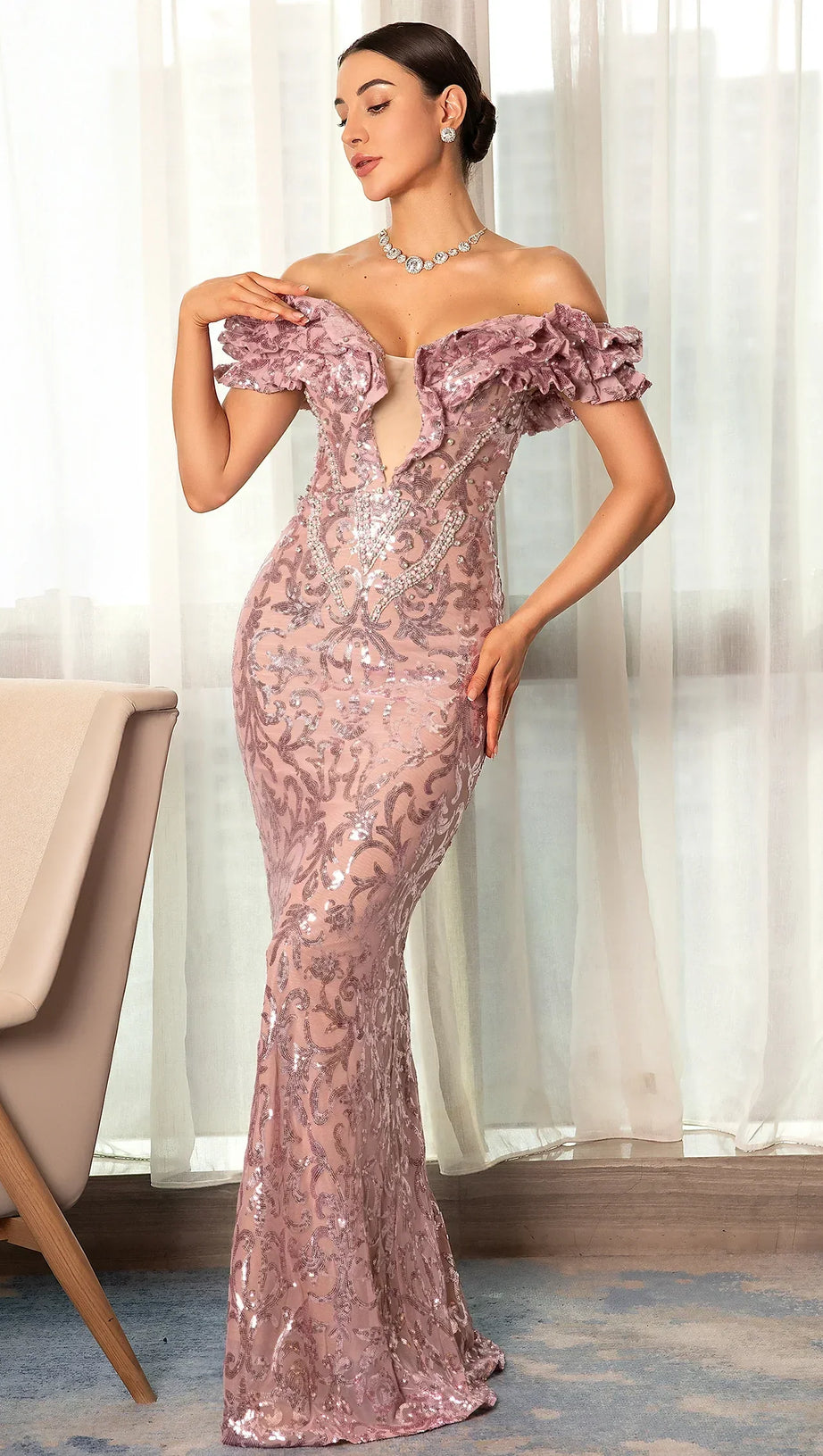 CHONDROLI SEQUIN ONE-SHOULDER MERMAID EVENING DRESS