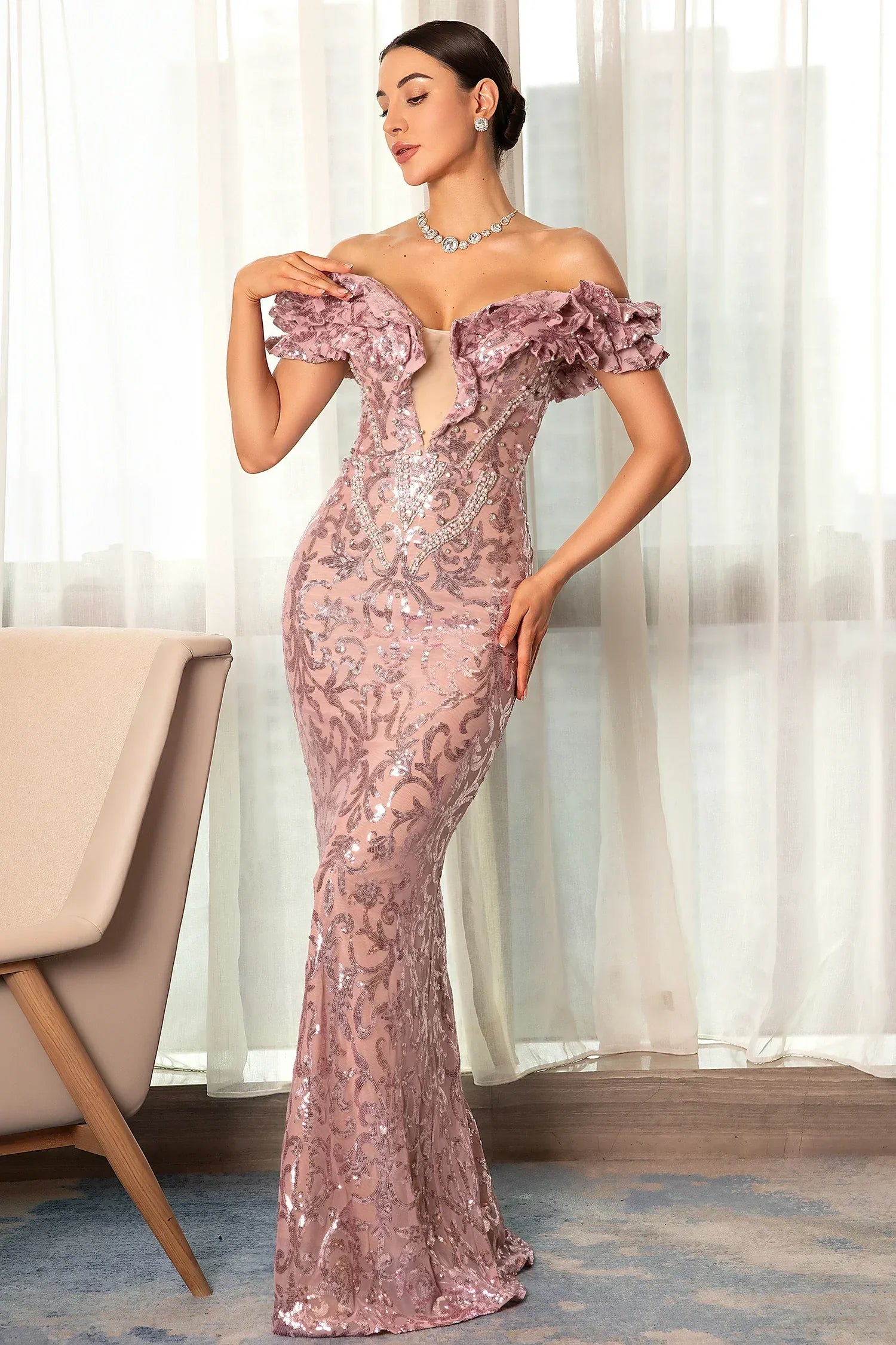 CHONDROLI SEQUIN ONE-SHOULDER MERMAID EVENING DRESS