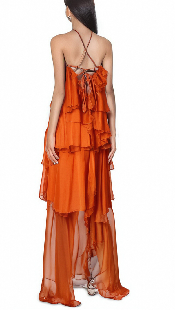 AIIZIE CARRIE ORANGE HALTERNECK FLOUNCED MAXI DRESS - product image