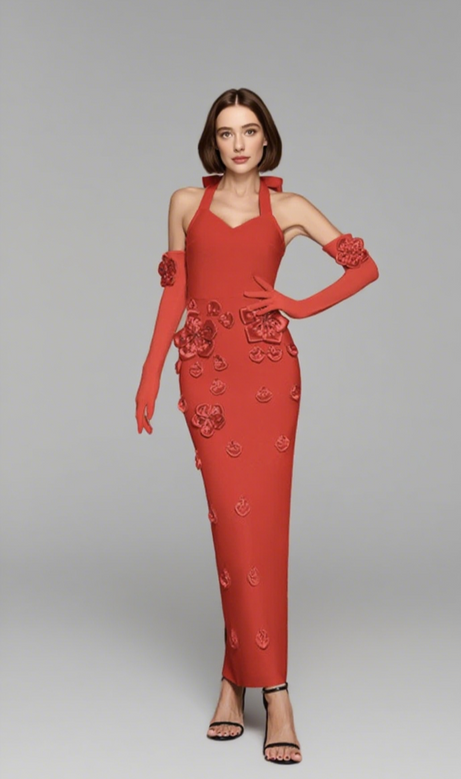Strapless Floral Embellished Midi Dress in Red