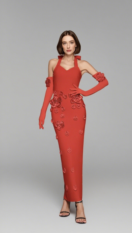 STRAPLESS FLORAL EMBELLISHED MIDI DRESS IN RED