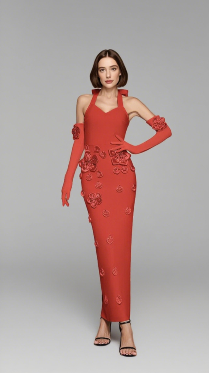 STRAPLESS FLORAL EMBELLISHED MIDI DRESS IN RED