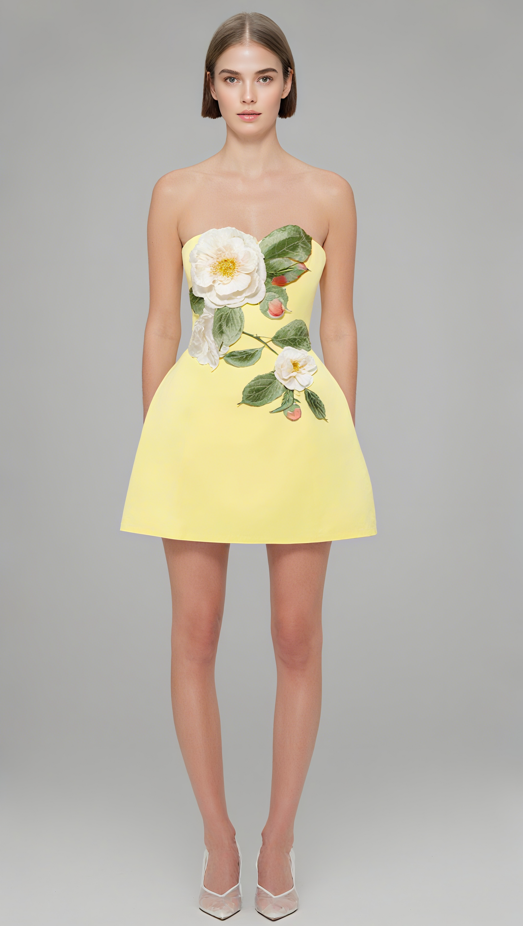 AIIZIE SUZANNE APPLIQUÉ FLORAL BUSTIER MINI DRESS IN YELLOW - product image