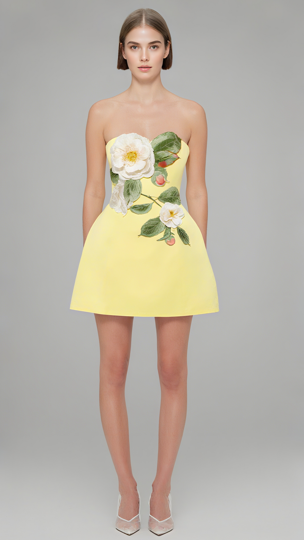 SUZANNE APPLIQUÉ FLORAL BUSTIER MINI DRESS IN YELLOW