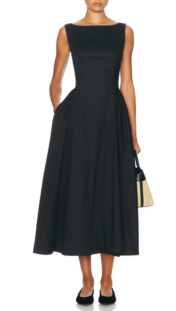 AIIZIE STRETCH COTTON SATEEN MIDI DRESS IN BLACK - product image