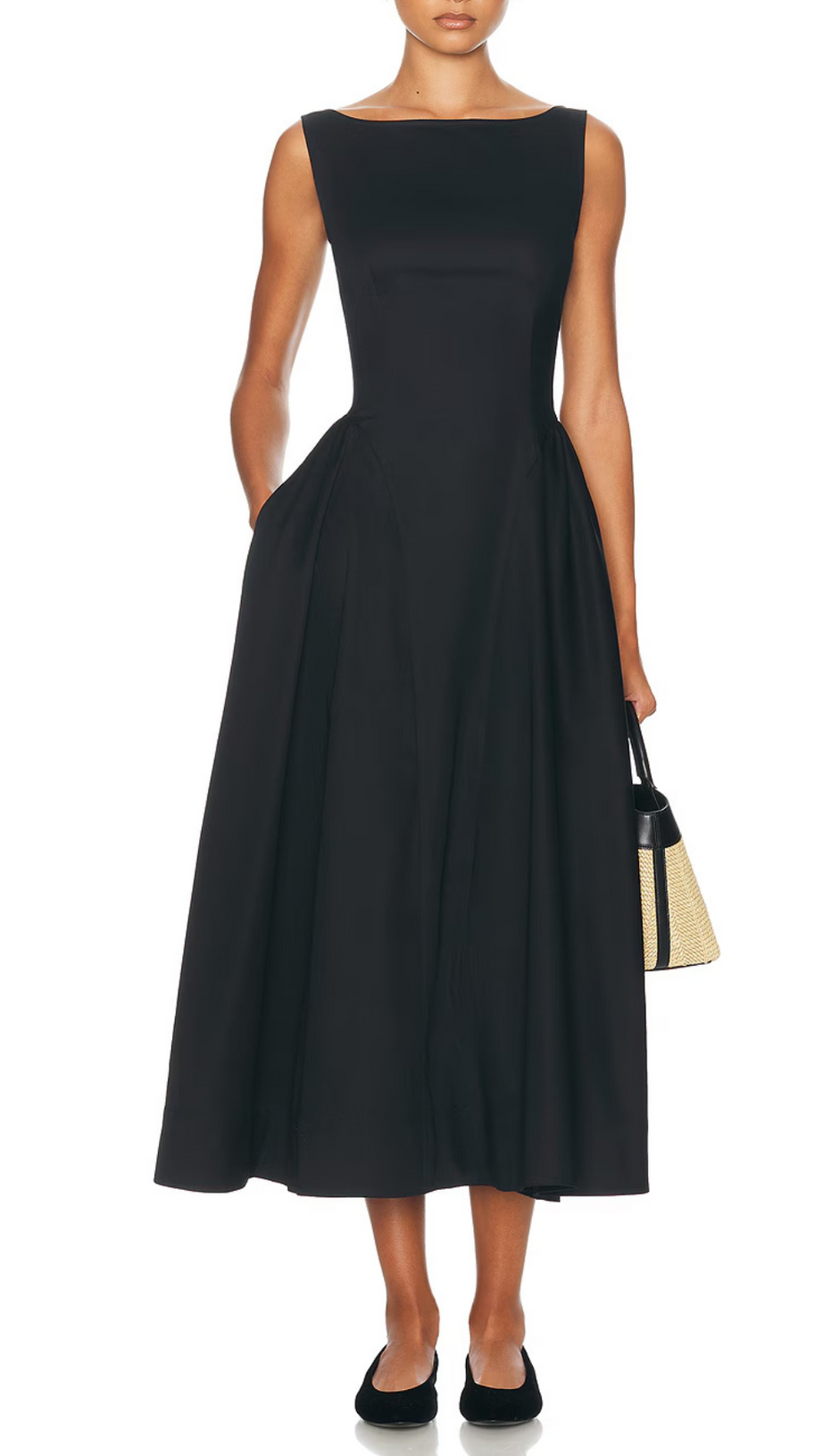 STRETCH COTTON SATEEN MIDI DRESS IN BLACK