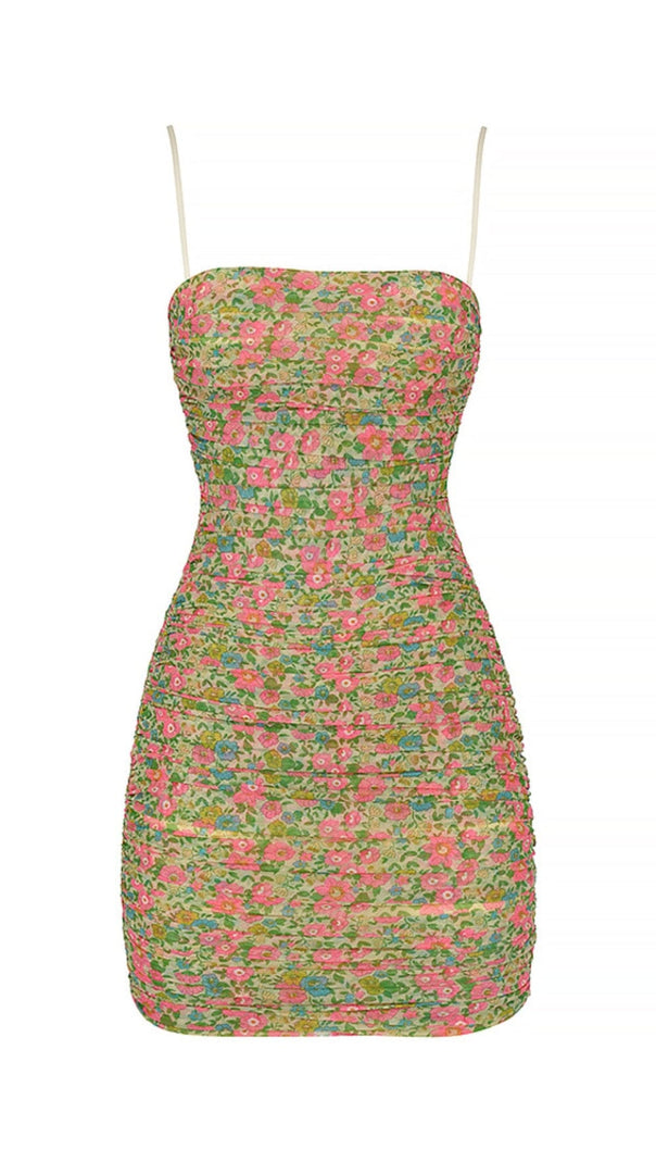 Vintage Floral Ruched Organza Mesh Mini Dress
