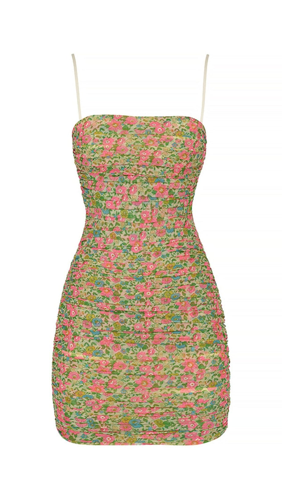 VINTAGE FLORAL RUCHED ORGANZA MESH MINI DRESS