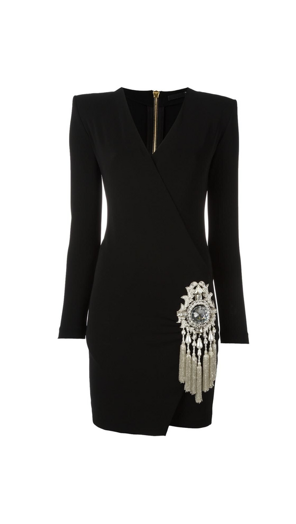 AIIZIE CRYSTAL DRAPED EMBELLISHED BLACK MINI DRESS - product image
