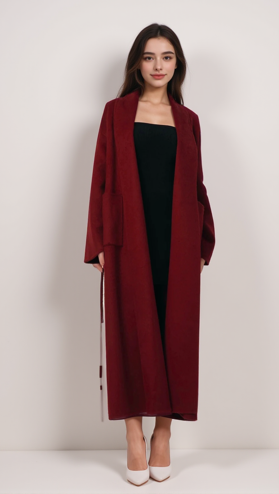 LUXURIOUS DEEP RED BELTED WOOL COAT WITH OVERSIZED FIT