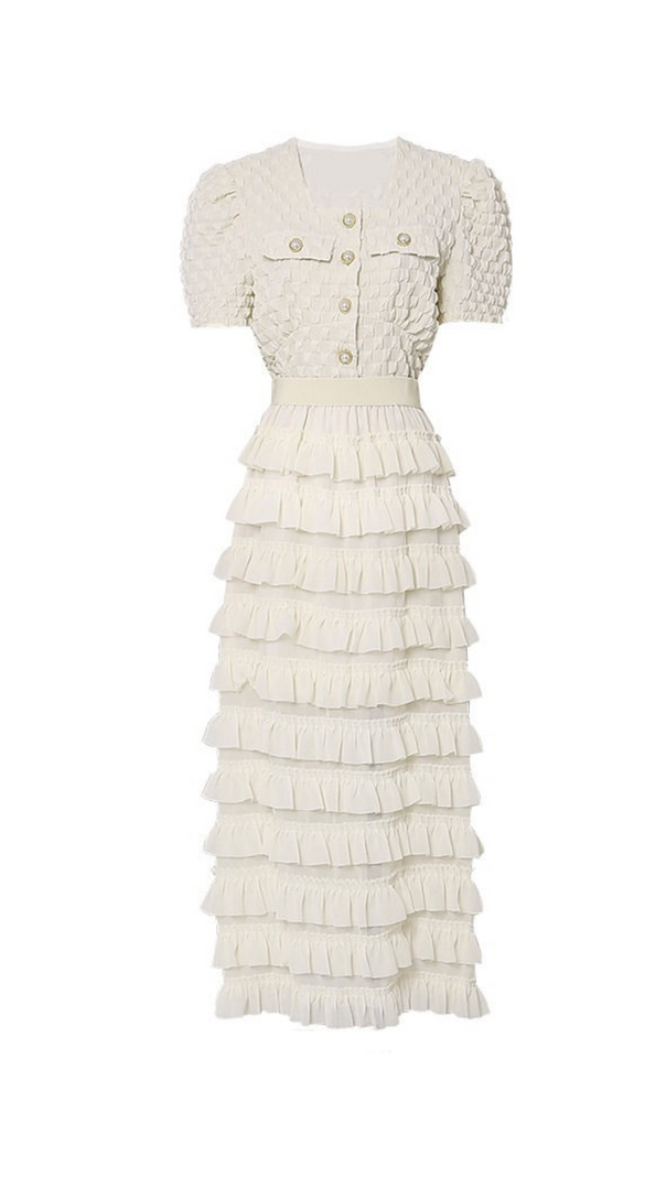 AIIZIE CHARLOTTE APRICOT PUFF SLEEVE RUFFLES CHIFFON MIDI DRESS - product image