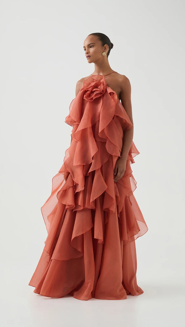 AIIZIE CAYSIE HALTER FLORAL RUFFLE LAYERED MAXI DRESS IN ORANGE - product image