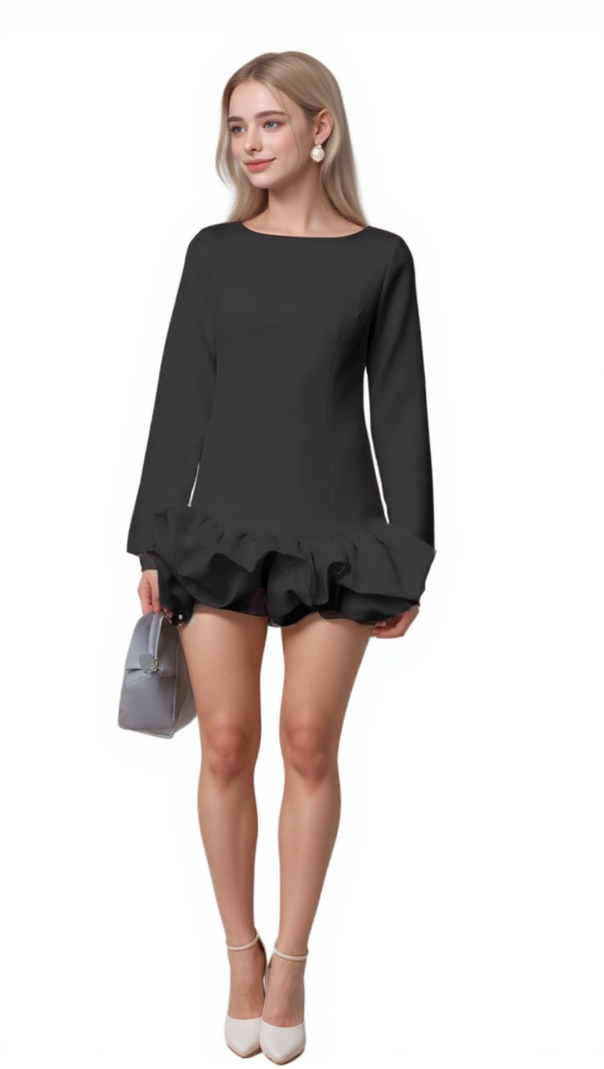 AIIZIE ELODIE BUBBLE-SKIRT MINI DRESS IN BLACK - product image