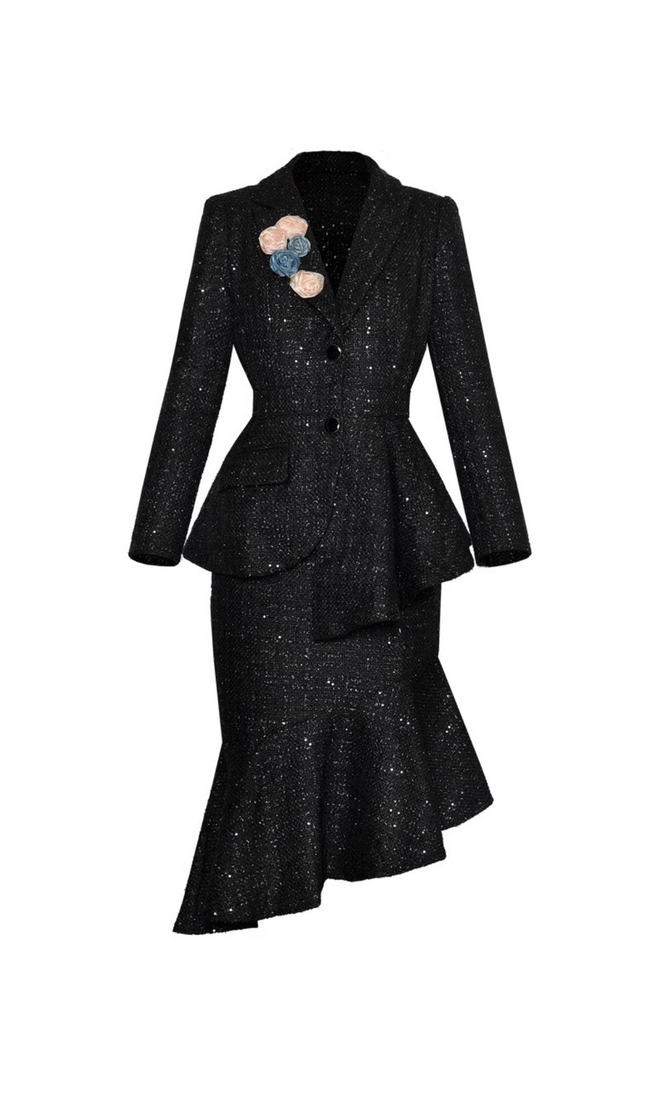 3D-Blumenjacke, Hüft-Fischschwanzrock-Set