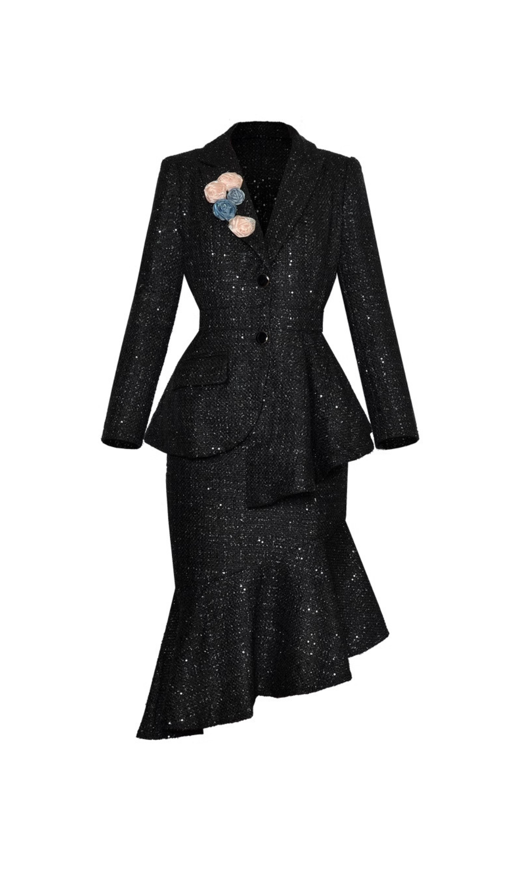 3D FLOWER JACKET HIP FISHTAIL SKIRT SET