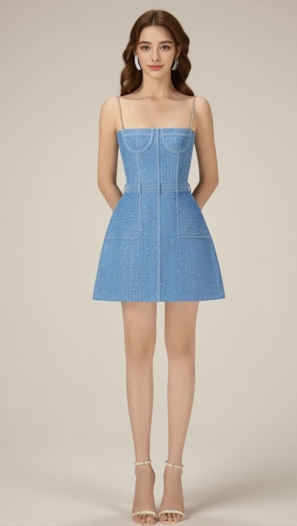 AIIZIE ANDREA DENIM RHINESTONE SUSPENDER MINI DRESS IN BLUE - product image