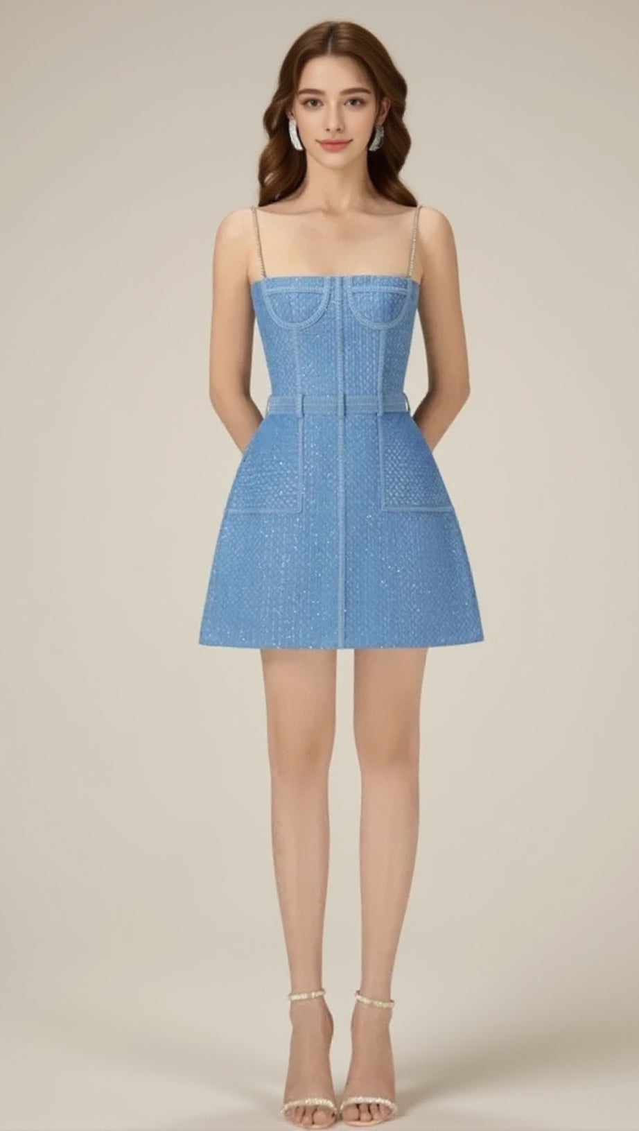 ANDREA DENIM RHINESTONE SUSPENDER MINI DRESS IN BLUE