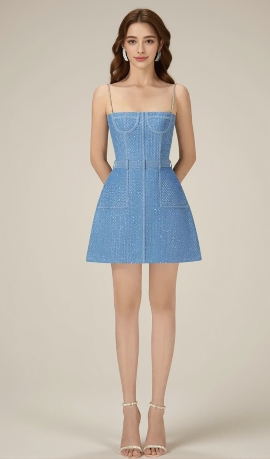 ANDREA DENIM RHINESTONE SUSPENDER MINI DRESS IN BLUE