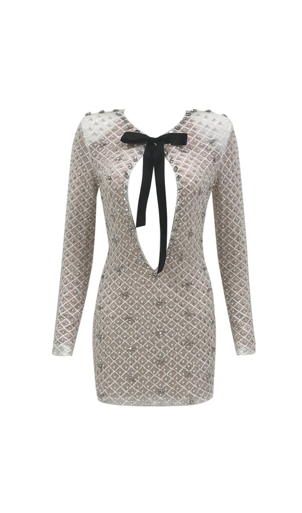 PEARL EMBELLISHED CUT OUT MINI DRESS IN BEIGE