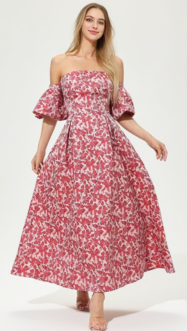 AIIZIE PEACH PRINTED LANTERN SLEEVE MAXI DRESS - product image