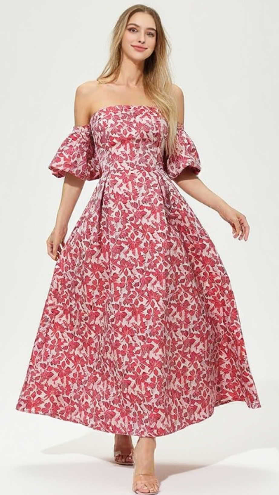 PEACH PRINTED LANTERN SLEEVE MAXI DRESS