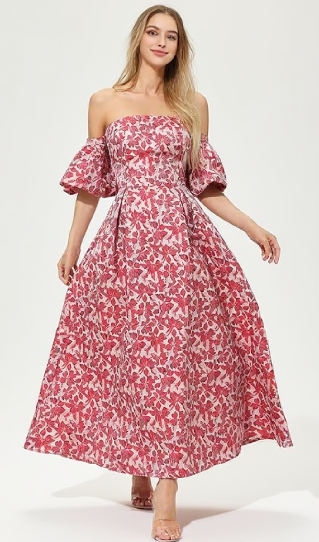 PEACH PRINTED LANTERN SLEEVE MAXI DRESS