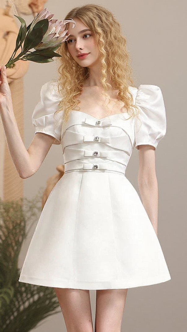 AIIZIE RIBBON PUFF-SLEEVE PRINCESS A-LINE DERSS IN WHITE - product image