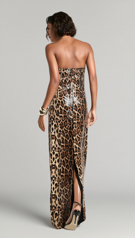 LEOPARD PRINT STRAPLESS SEQUIN MAXI DRESS