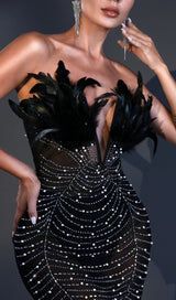 STRAPLESS FEATHER PEARL MINI DRESS IN BLACK