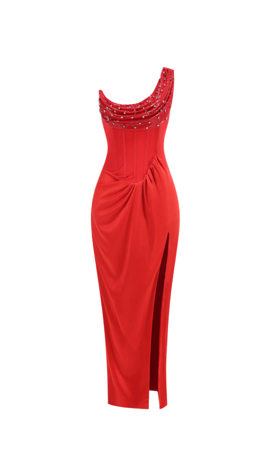 ELMA ONE-SHOULDER CRYSTAL DETAIL HIGH SLIT MAXI DRESS IN RED