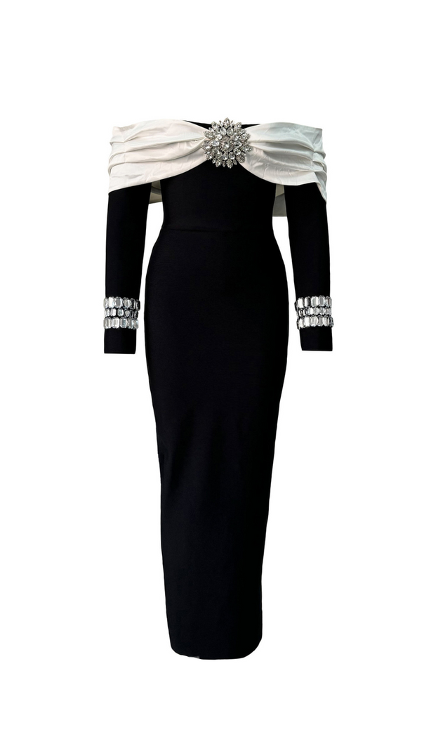 AIIZIE OFF NECK BACKLESS DIAMOND BANDAGE BLACK MAXI DRESS - product image