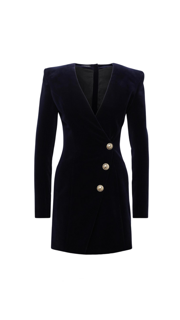 AIIZIE HEDDA BLACK VELVET V-NECK METAL BUTTON MINI DRESS - product image