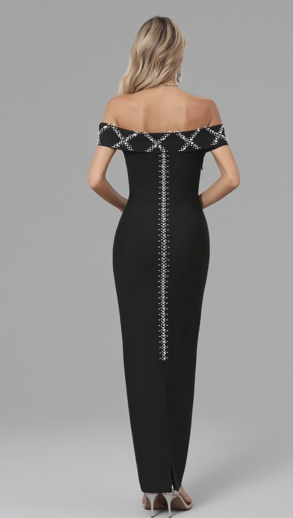 AIIZIE OFF SHOULDER RHINESTONE EMBELLISHED MIDI DRESS IN BLACK - product image
