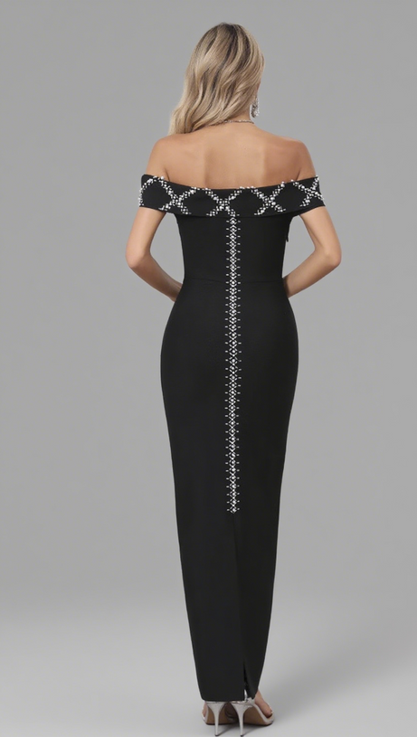 Schulterfreies, mit Strass verziertes Midikleid in Schwarz