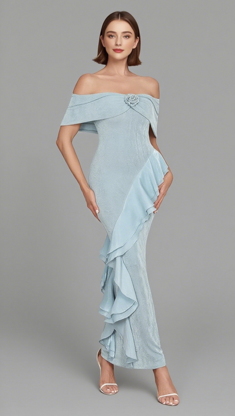 OFF - SHOULDER FLOWER - EMBELLISHED RUFFLE MIDI DRESS IN LIGHT BLUE