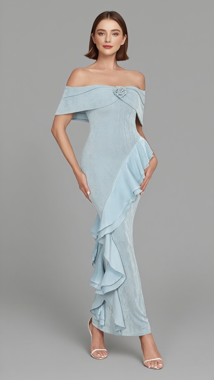 OFF - SHOULDER FLOWER - EMBELLISHED RUFFLE MIDI DRESS IN LIGHT BLUE