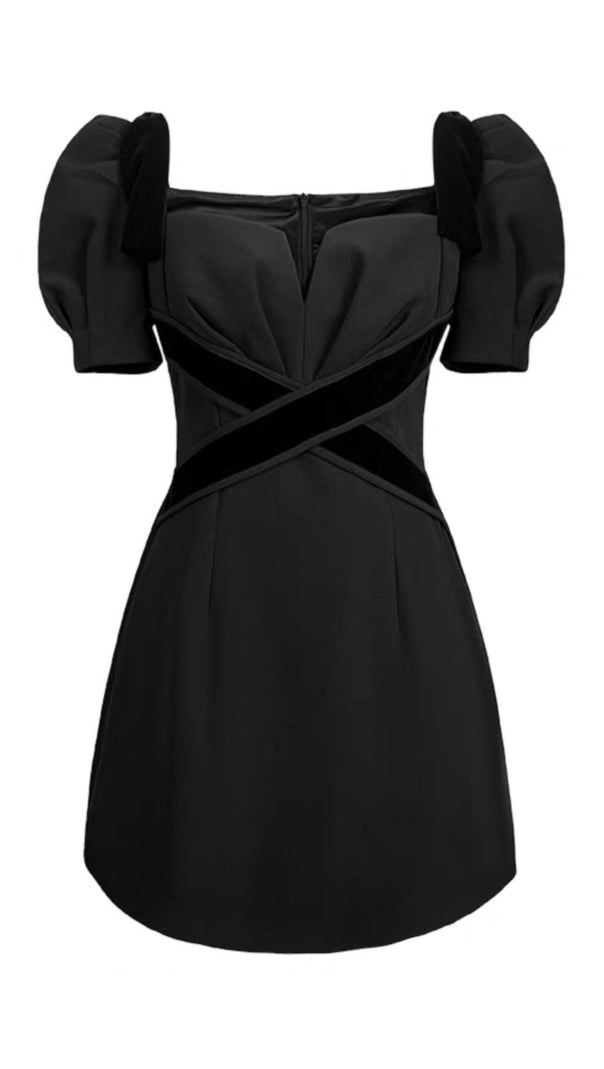 AIIZIE VELVET TIERED PUFF SLEEVE MINI DRESS IN BLACK - product image